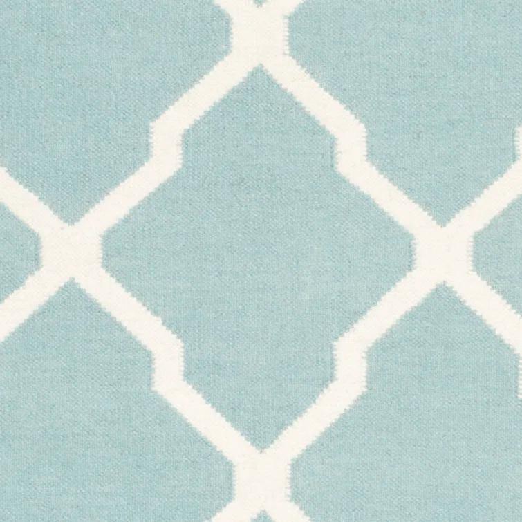 Dhurrie Hand Woven Flat Weave Wool/Cotton Geometric Rug in Light Blue/Ivory
