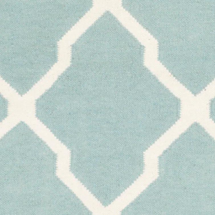 Dhurrie Hand Woven Flat Weave Wool/Cotton Geometric Rug in Light Blue/Ivory