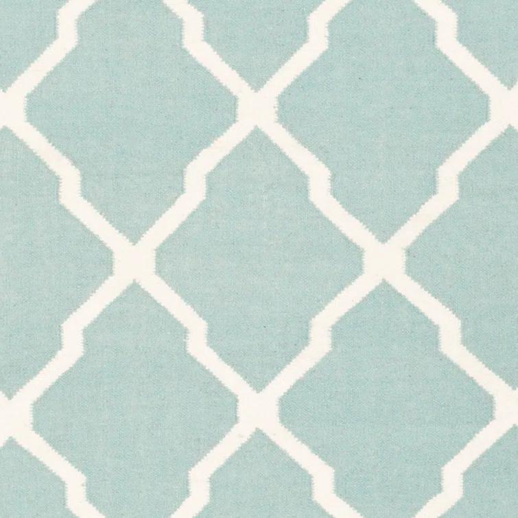 Dhurrie Hand Woven Flat Weave Wool/Cotton Geometric Rug in Light Blue/Ivory