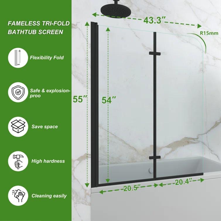Jraty Glass 43" W x 55" H Frameless Tub Door