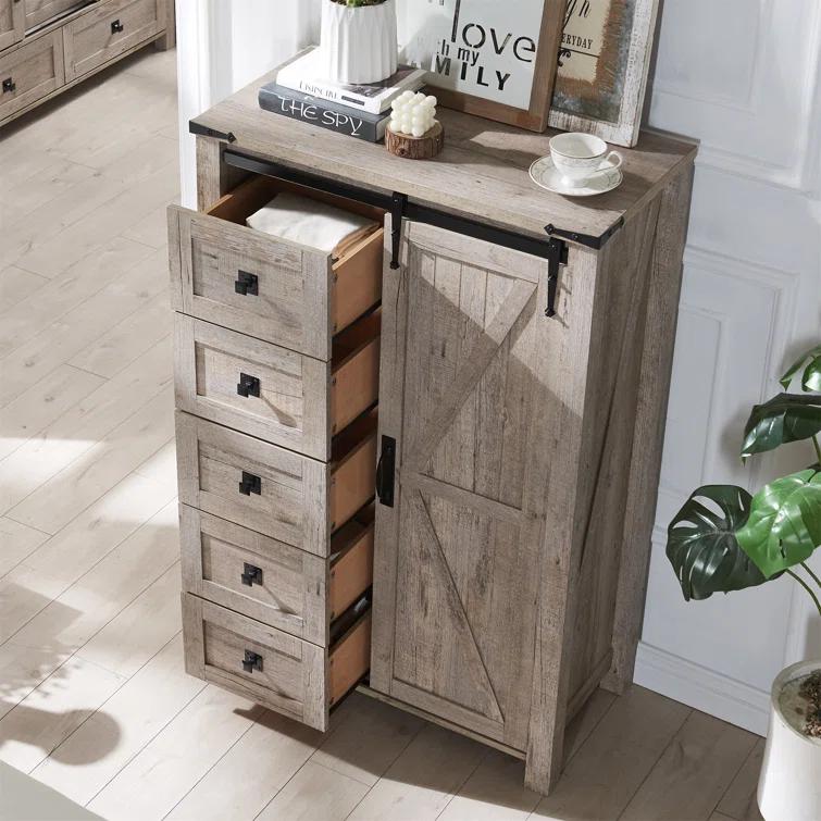 Farmhouse 5 Chest of Drawers, Tall Drawers Dresser with Sliding Barn Door