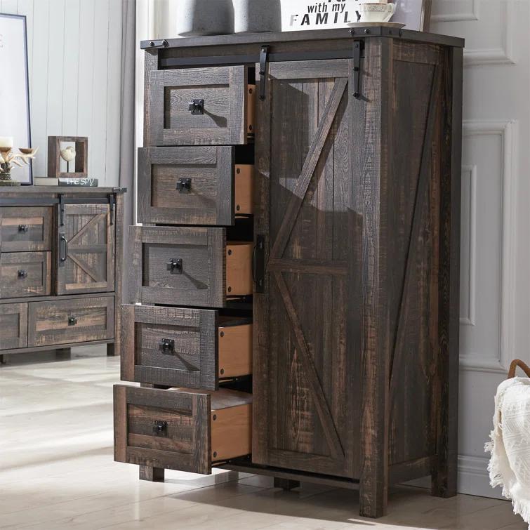 Farmhouse 5 Chest of Drawers, Tall Drawers Dresser with Sliding Barn Door