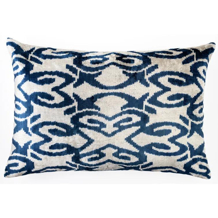 Canvello Luxurious Handmade 16x24 Velvet Silk Pillow – Blue & Ivory Geometric Pattern – Naturally Dyed Decorative Cushion with Premium Down Feather Insert