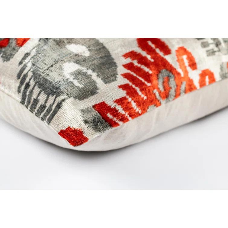 Canvello Handmade Velvet Silk Pillow – 16x24 Inches, Naturally Vegetable-Dyed, Premium Down Feather Insert – Red & Gray Geometric Design