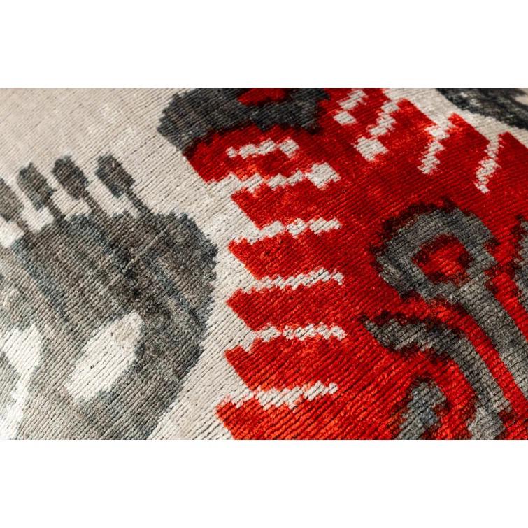 Canvello Handmade Velvet Silk Pillow – 16x24 Inches, Naturally Vegetable-Dyed, Premium Down Feather Insert – Red & Gray Geometric Design