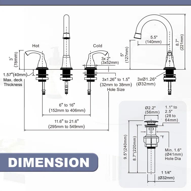 Widespread 2-handle Bathroom Faucet with Drain Assembly