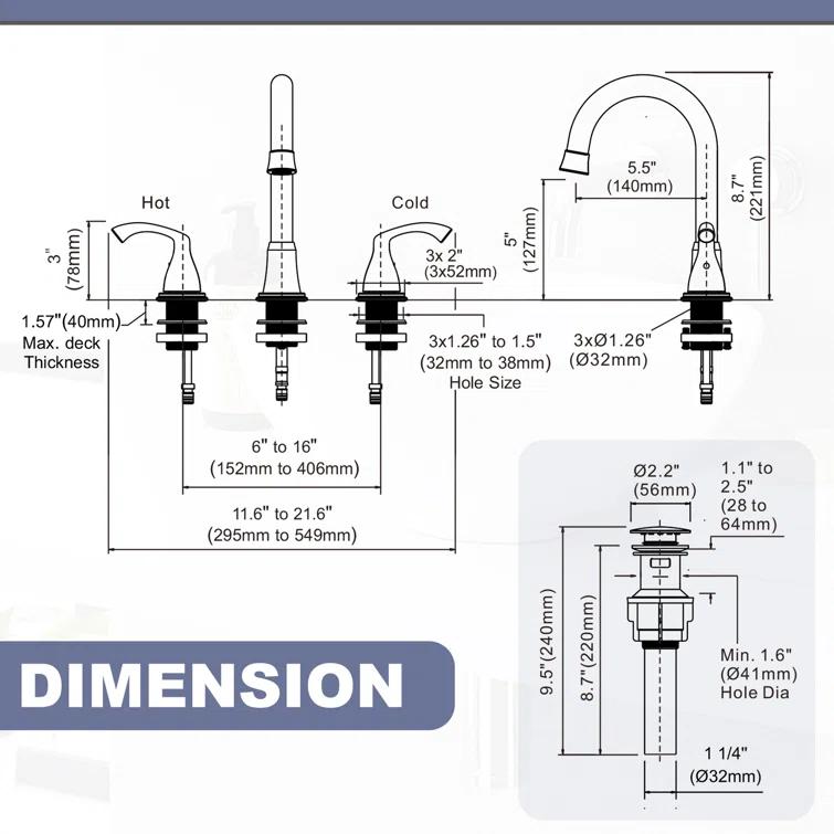 Widespread 2-handle Bathroom Faucet with Drain Assembly