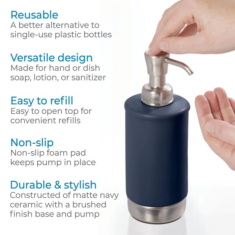 iDesign Ceramic and Steel Hand Refillable Liquid Soap Dispenser - Matte Navy & Brushed Nickel