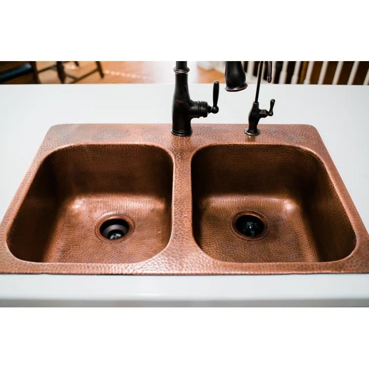 Santi Copper 33" Double Bowl Drop-In Kitchen Sink