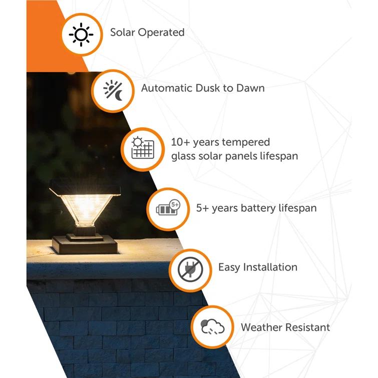 Gama Sonic Luxor Black 4x4 and 5x5 Solar LED Deck Post Cap Light with Warm White and Hi/Lo Mode for Backyard and Wood Fence(2-Pack) (Set of 2)