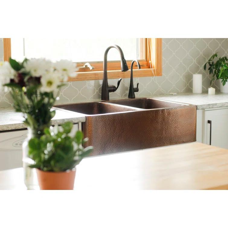 Sinkology Adams Copper 33" Double Bowl Farmhouse Apron Front Undermount Kitchen Sink K2A-1005ND