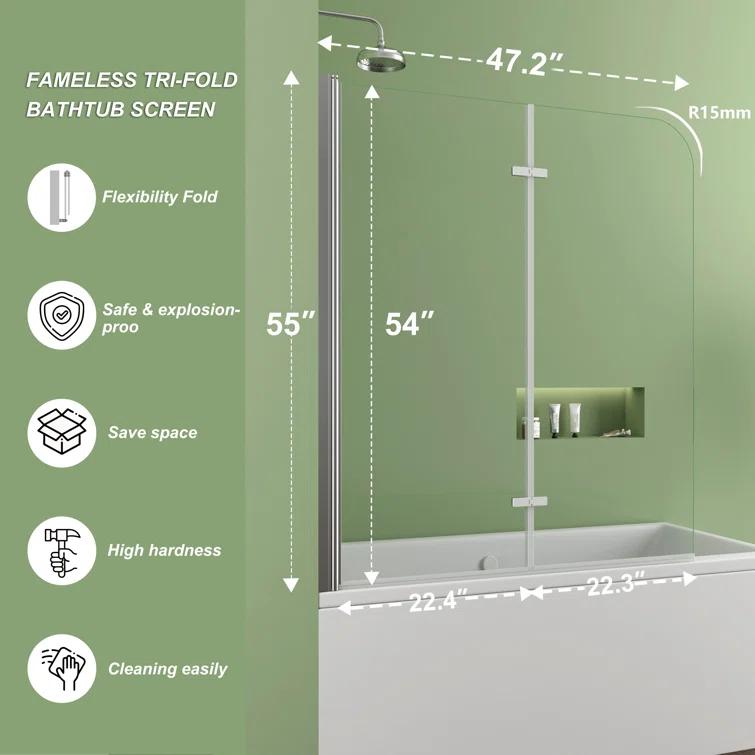 Jraty 47.2" W x 55" H Frameless Tub Door