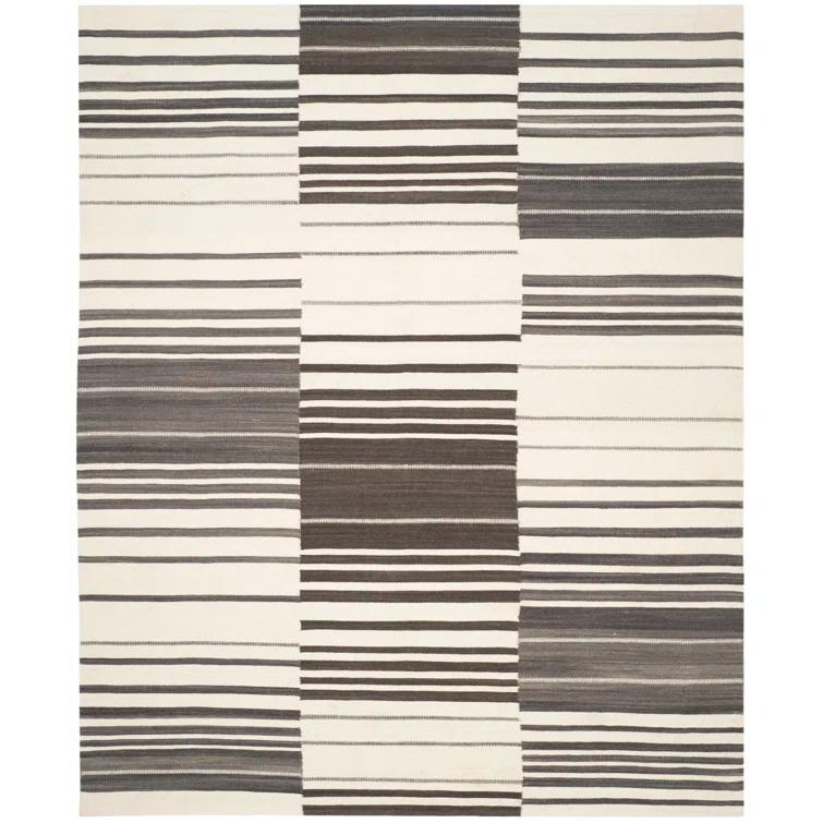 Kilim Hand Woven Flat Weave Wool/Cotton Striped Rug in Ivory/Brown