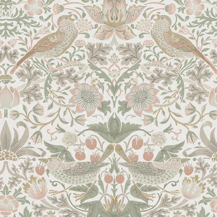 William Morris at Home Strawberry Thief Sage & Pink Wallpaper