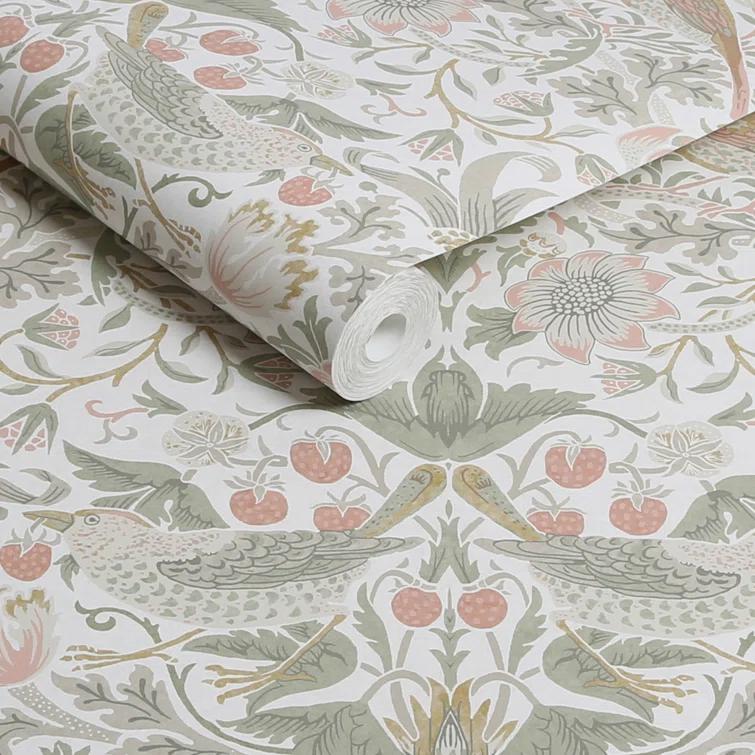 William Morris at Home Strawberry Thief Sage & Pink Wallpaper