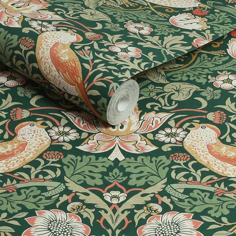 William Morris at Home Strawberry Thief Rich Green Wallpaper
