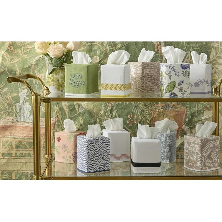 Opal White Linen Tissue Box Cover with Sateen Trim