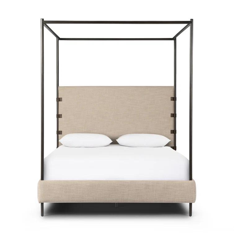 Beige Queen Upholstered Canopy Bed with Metal Frame