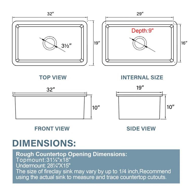 32" L x 19" W Single Bowl Fireclay Kitchen Sinks White with Bottom Grids and Basket Strainer
