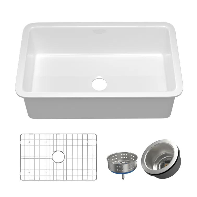 32" L x 19" W Single Bowl Fireclay Kitchen Sinks White with Bottom Grids and Basket Strainer