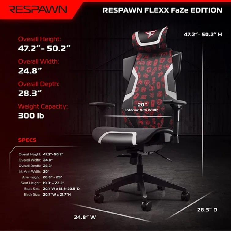 Respawn RESPAWN FLEXX Mesh Gaming Chair With Lumbar Support, Ergonomic Gaming Chair with Recline/Tilt Tension Controls, Adjustable Arms, 300lb Max Weight With Wheels for Computer/Desk/Office