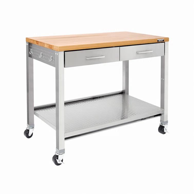 48'' Wide Stainless Steel Kitchen Rolling Cart Island with Solid Wood Top