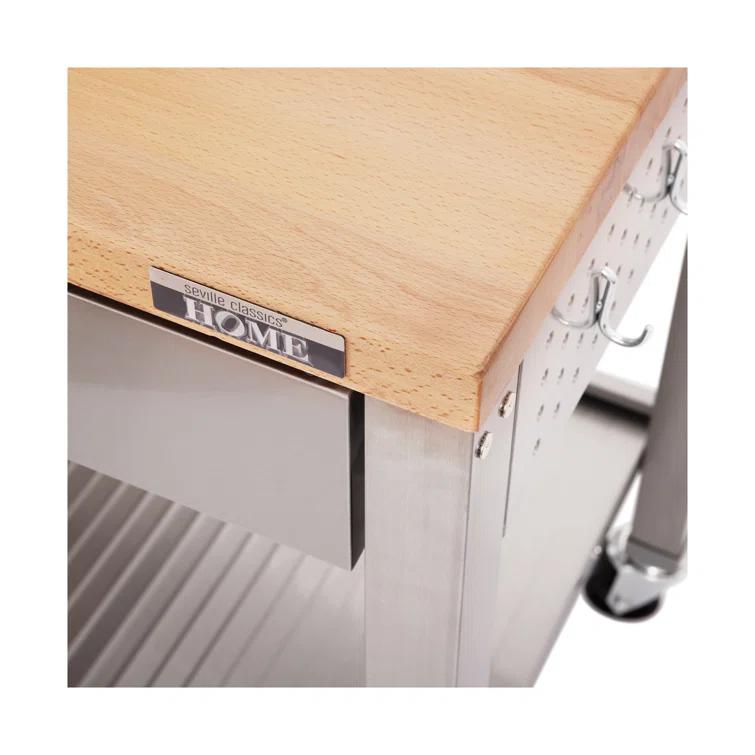 48'' Wide Stainless Steel Kitchen Rolling Cart Island with Solid Wood Top