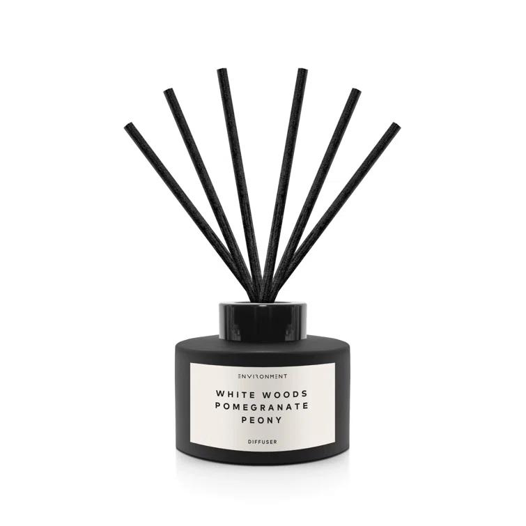 Black Ceramic Reed Diffuser with White Woods, Pomegranate, and Peony
