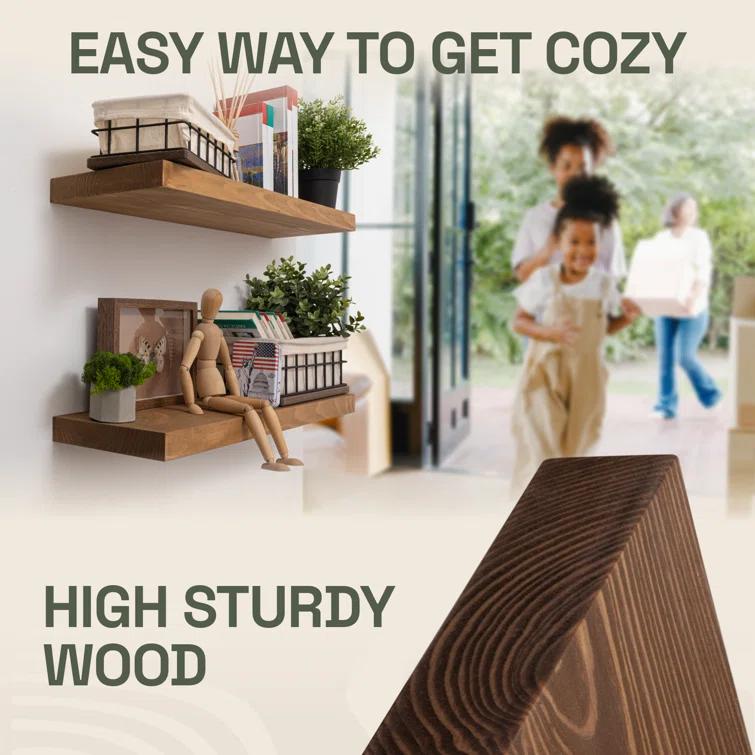 Baobab Workshop Solid Wood Floating Shelves, Wooden Shelves for Wall (Set of 2)
