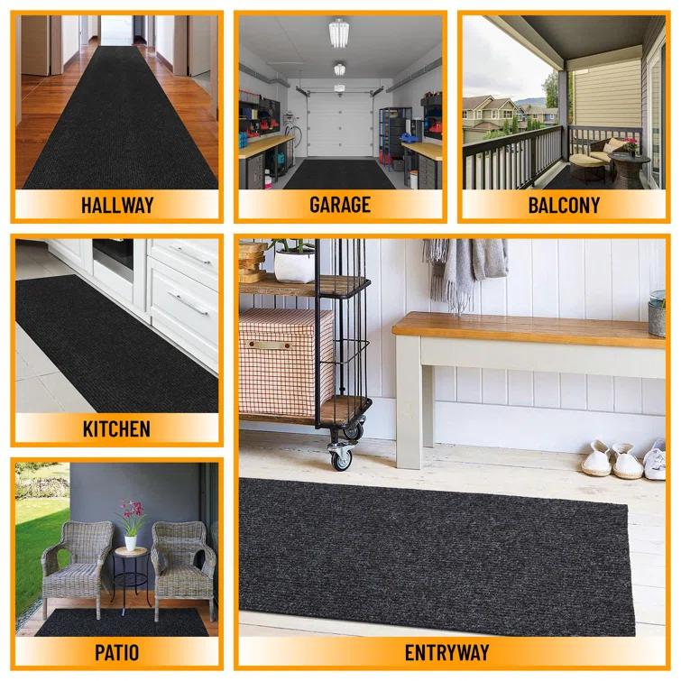 Ottomanson Stepwell Collection Utility Ribbed Garage Mat/Patio/Long Hallway Runner Rug, Black