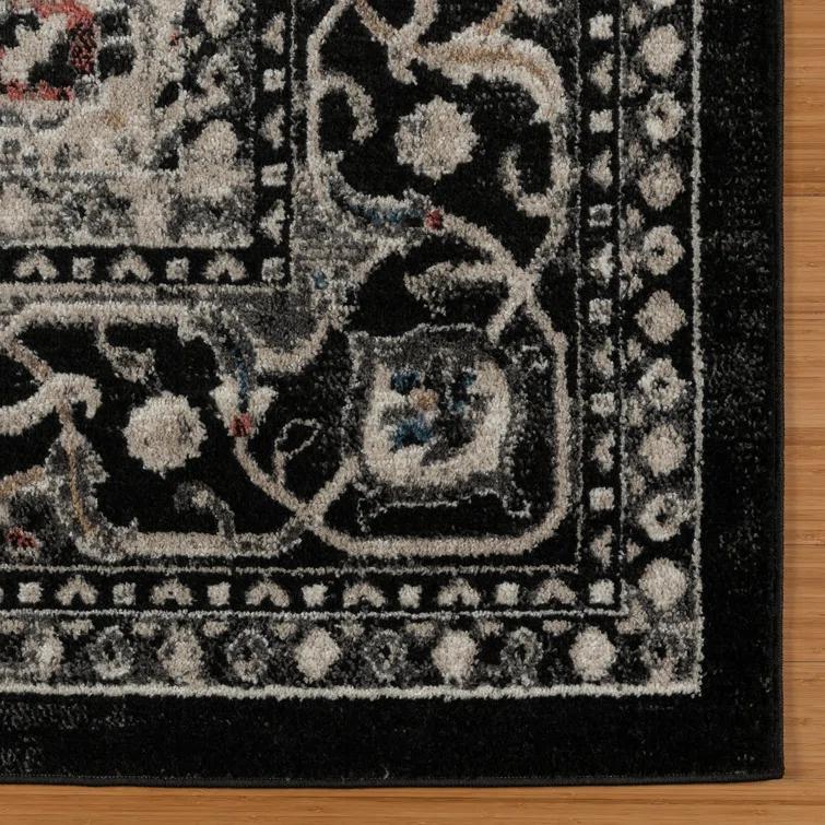 Heirloom Fluer Traditional Oriental Medallion Black Beige Polypropylene Area Rug