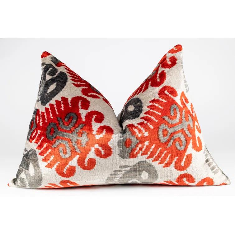 Canvello Handmade Velvet Silk Pillow – 16x24 Inches, Naturally Vegetable-Dyed, Premium Down Feather Insert – Red & Gray Geometric Design