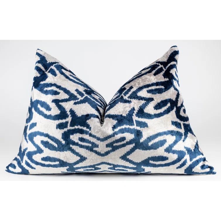 Canvello Luxurious Handmade 16x24 Velvet Silk Pillow – Blue & Ivory Geometric Pattern – Naturally Dyed Decorative Cushion with Premium Down Feather Insert