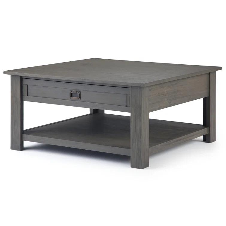 Simpli Home Monroe 38"W Solid Acacia Rustic Square Coffee Table with Large Drawer and Open Shelf