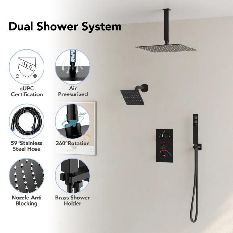 Pressure Balancing Shower Faucet 12" High-Pressure Dual Showerheads with LCD Display