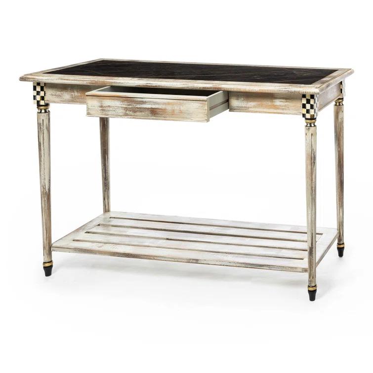 Rustic White and Black Beechwood Console Table with Marble Top