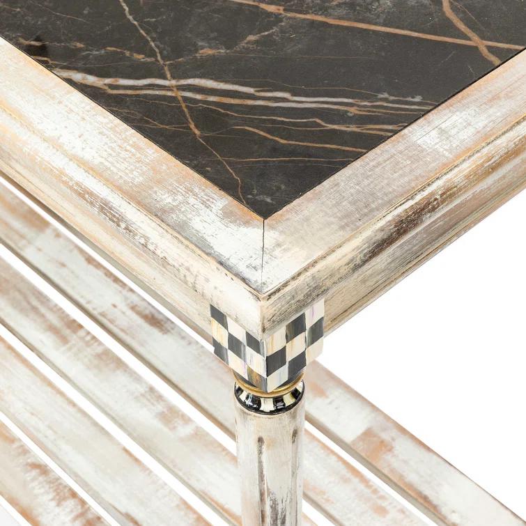 Rustic White and Black Beechwood Console Table with Marble Top