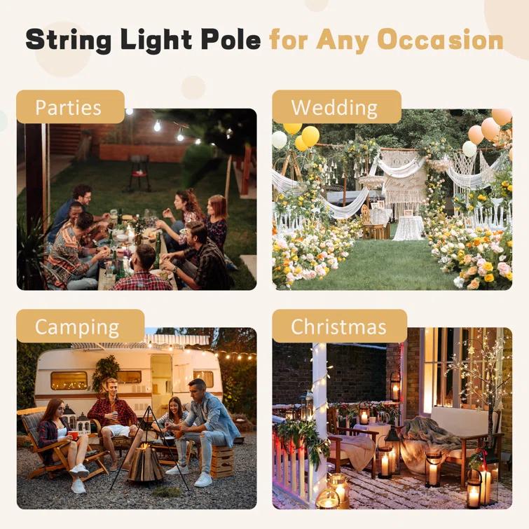 9FT Light string poles, 6 Pack Metal Poles with Remote control and solar panel, Ox Horn for Deck, Outdoor/Indoor Decor