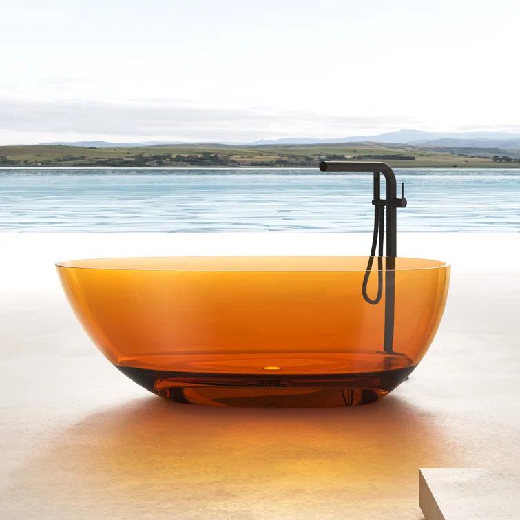 67" x 33.5" Freestanding Soaking Stone Resin Bathtub with Polished Chrome Pop Up Drain