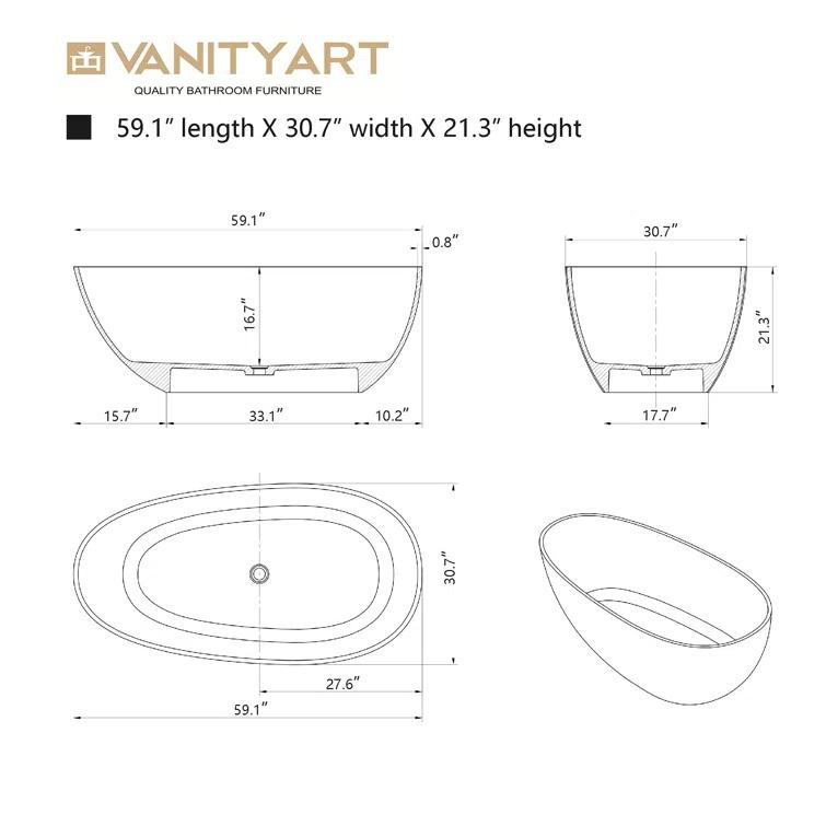 Vanity Art 59" x 31" Freestanding Soaking Stone Resin Bathtub with Polished Chrome Pop Up Drain VA6913-PRS