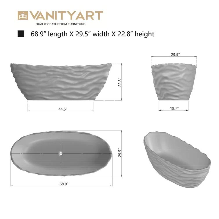 69" x 29.5" Freestanding Soaking Stone Resin Bathtub with Polished Chrome Pop Up Drain