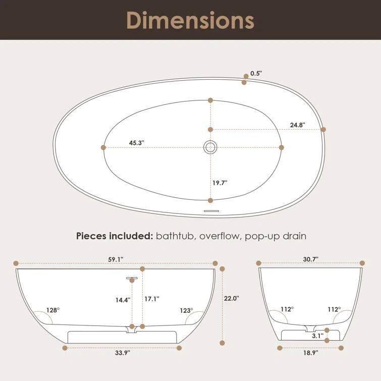 Giotto 59.1" x 30.7" Freestanding Soaking Stone Rein Bathtub