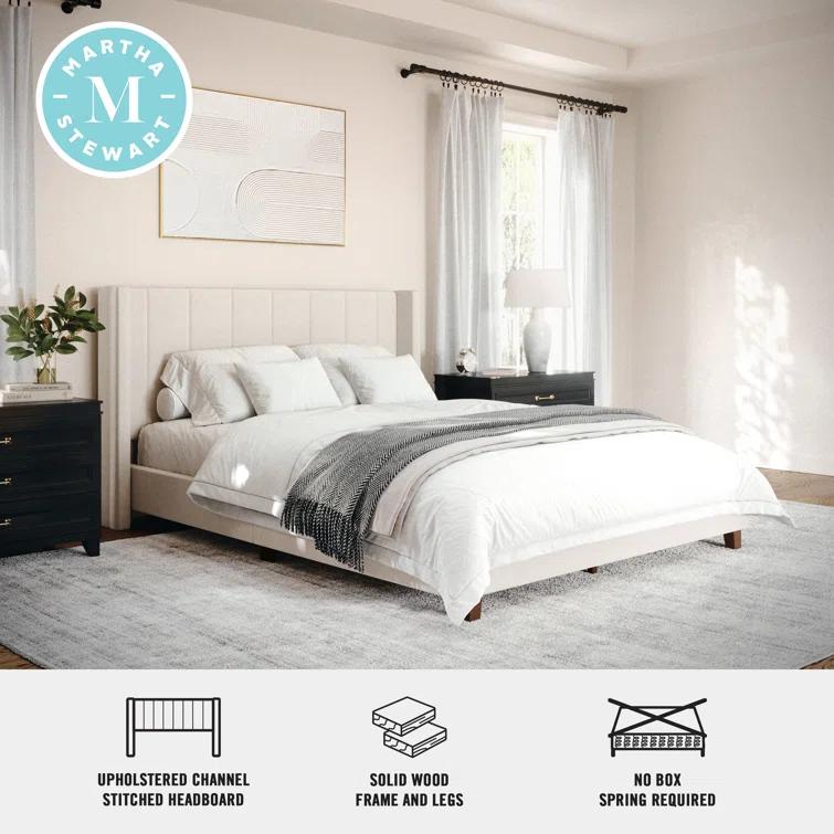 Martha Stewart Martha Stewart Kay Upholstered Platform Bed With Channel Stitched Wingback Headboard