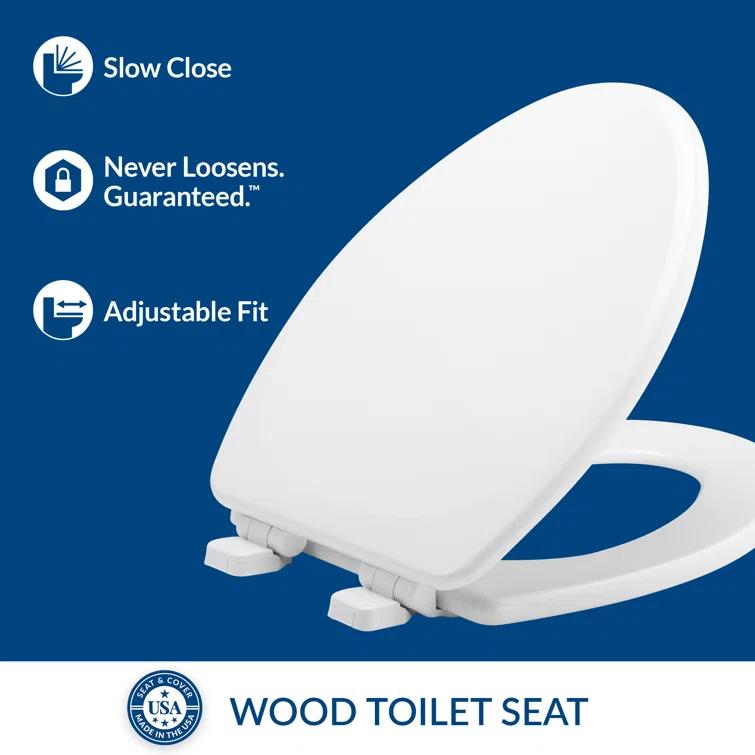 Linden Elongated Slow Close Toilet Seat, Non Slip Heavy Duty Wood, Easy Install, White