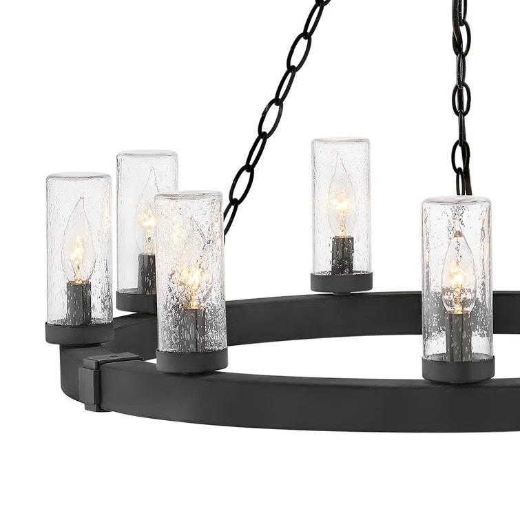 Hinkley Sawyer 30" Nine-Light Outdoor Candle Chandelier w/ Clear Seedy Glass Shades