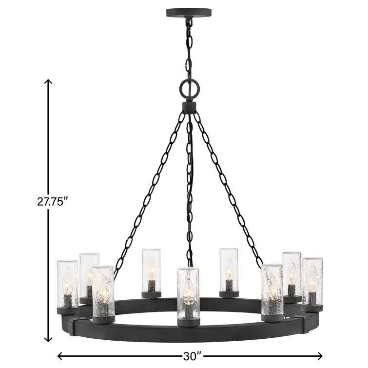 Hinkley Sawyer 30" Nine-Light Outdoor Candle Chandelier w/ Clear Seedy Glass Shades