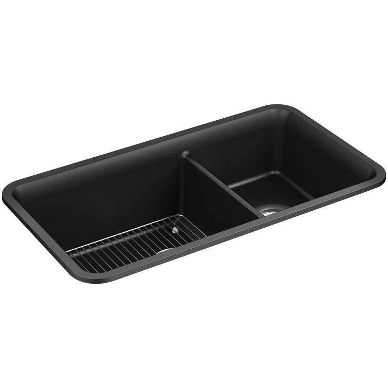 KOHLER K-8204-CM1 Cairn Sink, 33" Neoroc Composite Undermount Double-Bowl Kitchen Sink, Composite Kitchen Sink with Sink Rack, Matte Black