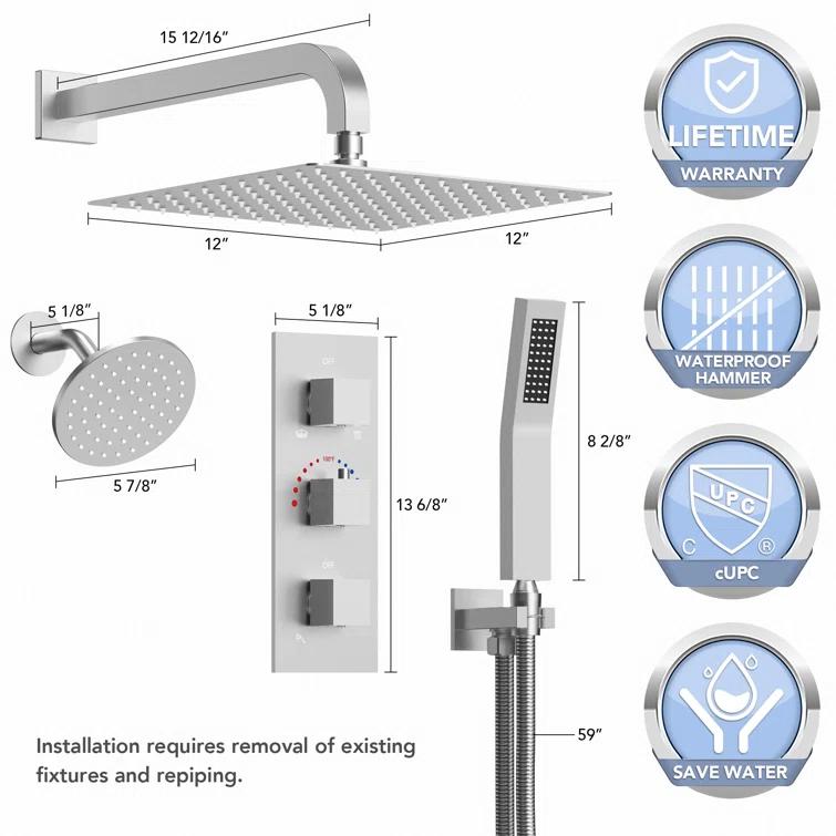 Thermostatic Dual Shower System 12" Rainfall Shower Head with Rough-in Valve