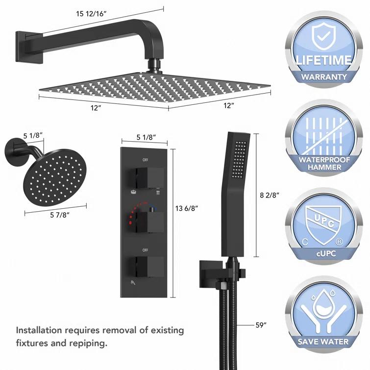 Thermostatic Dual Shower System 12" Rainfall Shower Head with Rough-in Valve