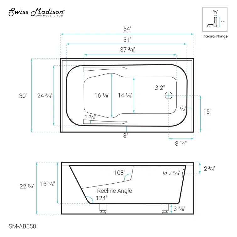 Voltaire 72" x 36" Alcove Bathtub with Apron and Armrest